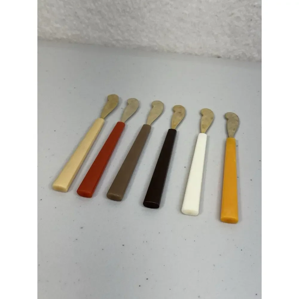 6 MCM Lucite Utensil Cheese Spreaders Bakelite Handles Gold Tone Stainless Steel